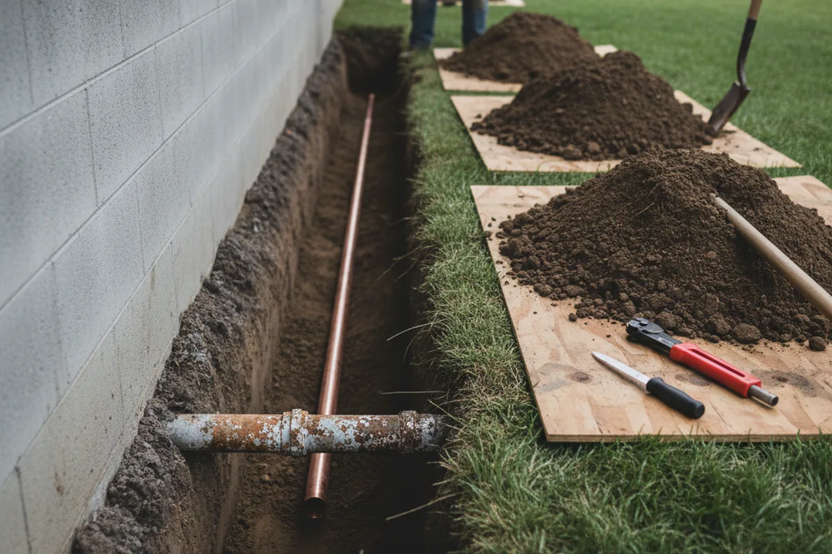 Excavated water line trench during Water Softener Installation in Alto